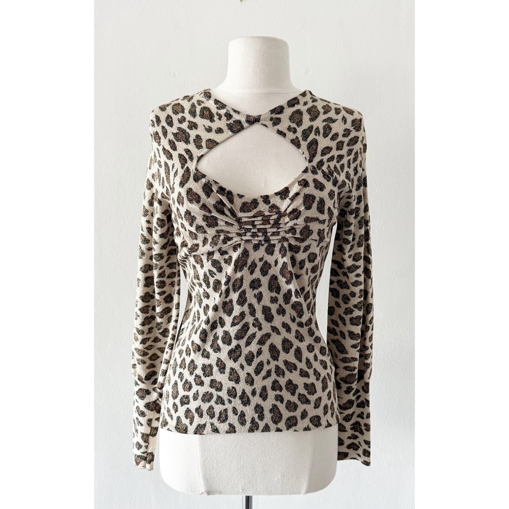 Vintage Cache Metallic Leopard Cheetah Print Cutout Long Sleeve Sweater Top (M)